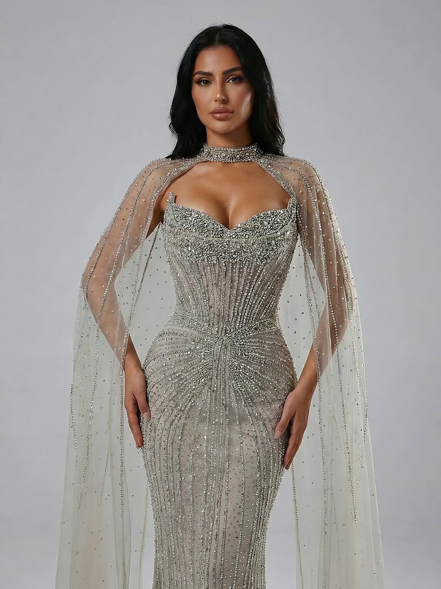 Luxury Dubai Caramel Beaded Evening Dress With Cape CLA72811C
