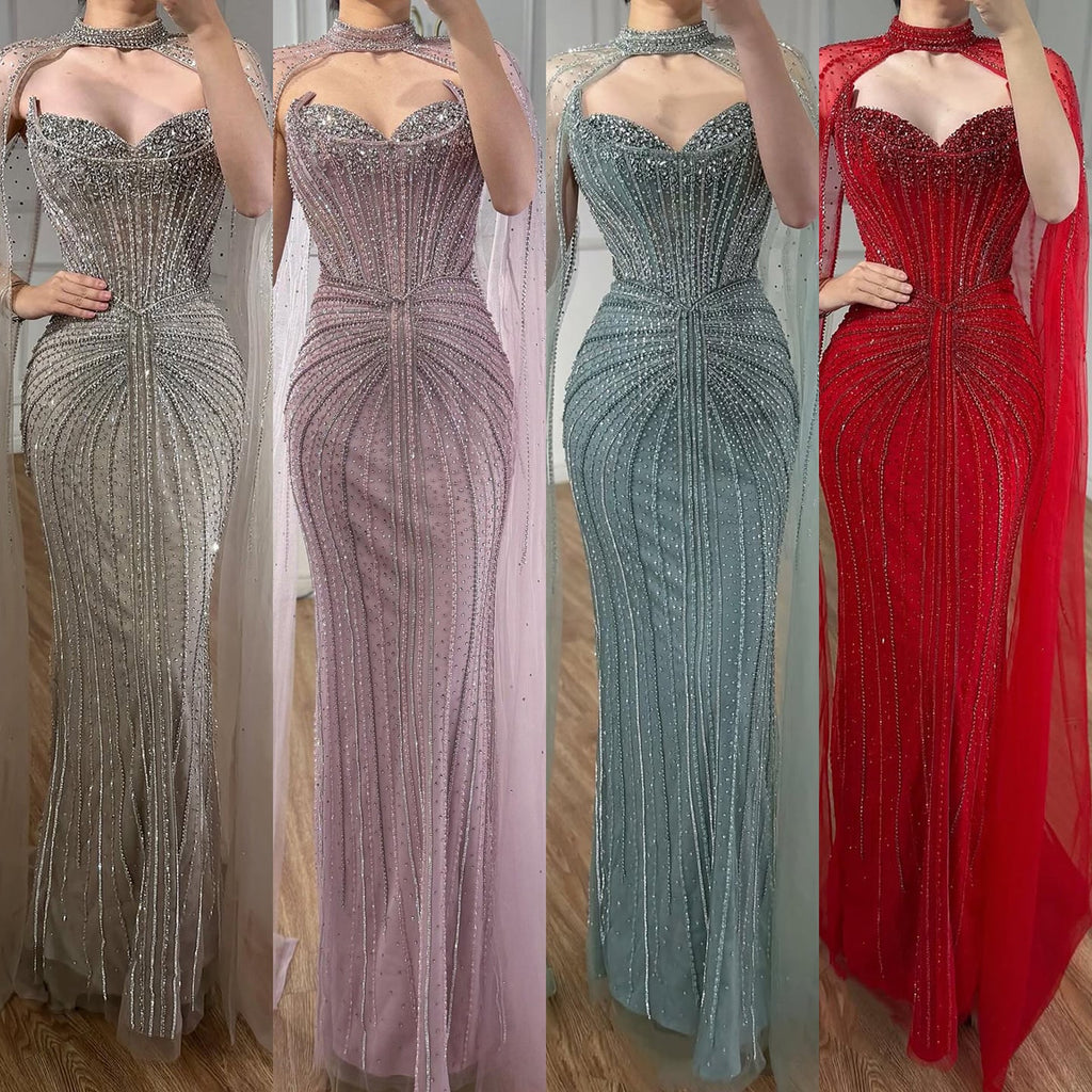 Luxury Dubai Caramel Beaded Evening Dress With Cape CLA72811C