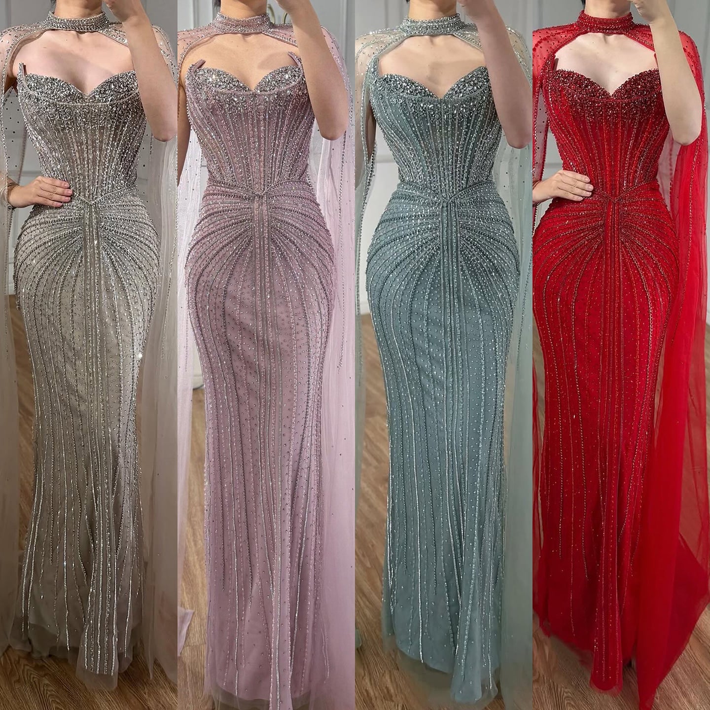 Luxury Dubai Caramel Beaded Evening Dress With Cape CLA72811C