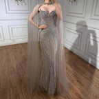 Luxury Dubai Caramel Beaded Evening Dress With Cape CLA72811C