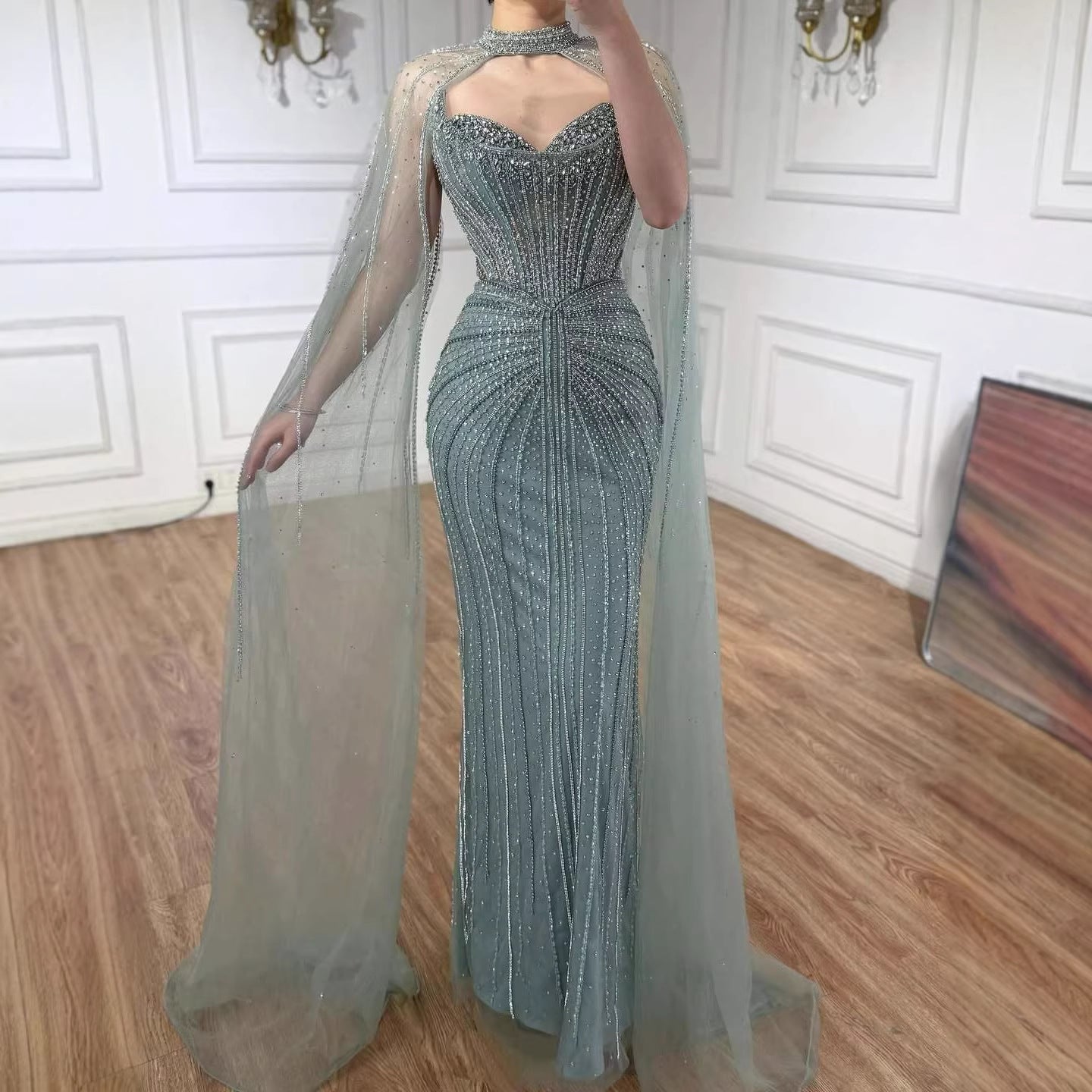 Luxury Dubai Caramel Beaded Evening Dress With Cape CLA72811C