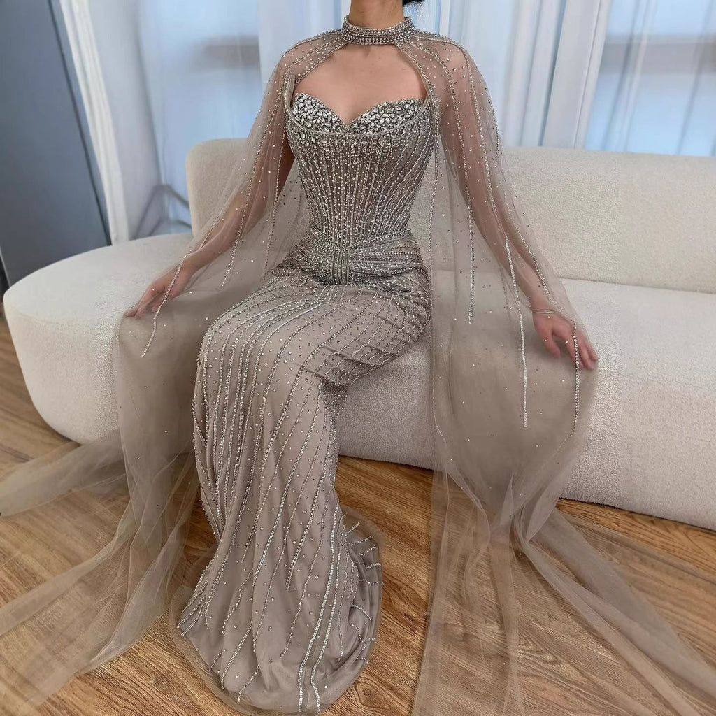 Luxury Dubai Caramel Beaded Evening Dress With Cape CLA72811C