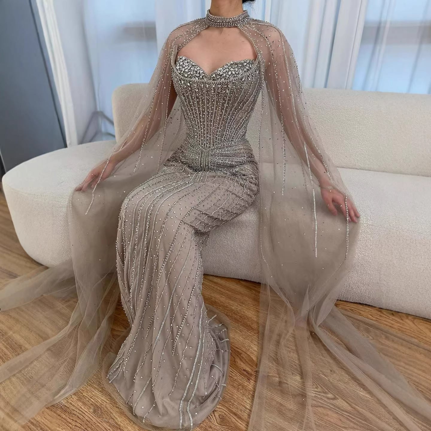 Luxury Dubai Caramel Beaded Evening Dress With Cape CLA72811C
