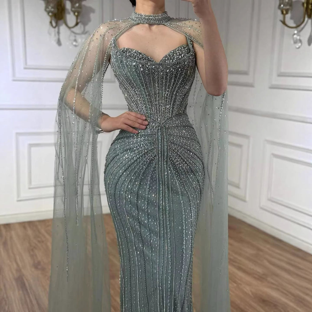 Luxury Dubai Caramel Beaded Evening Dress With Cape CLA72811C