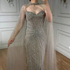 Luxury Dubai Caramel Beaded Evening Dress With Cape CLA72811C