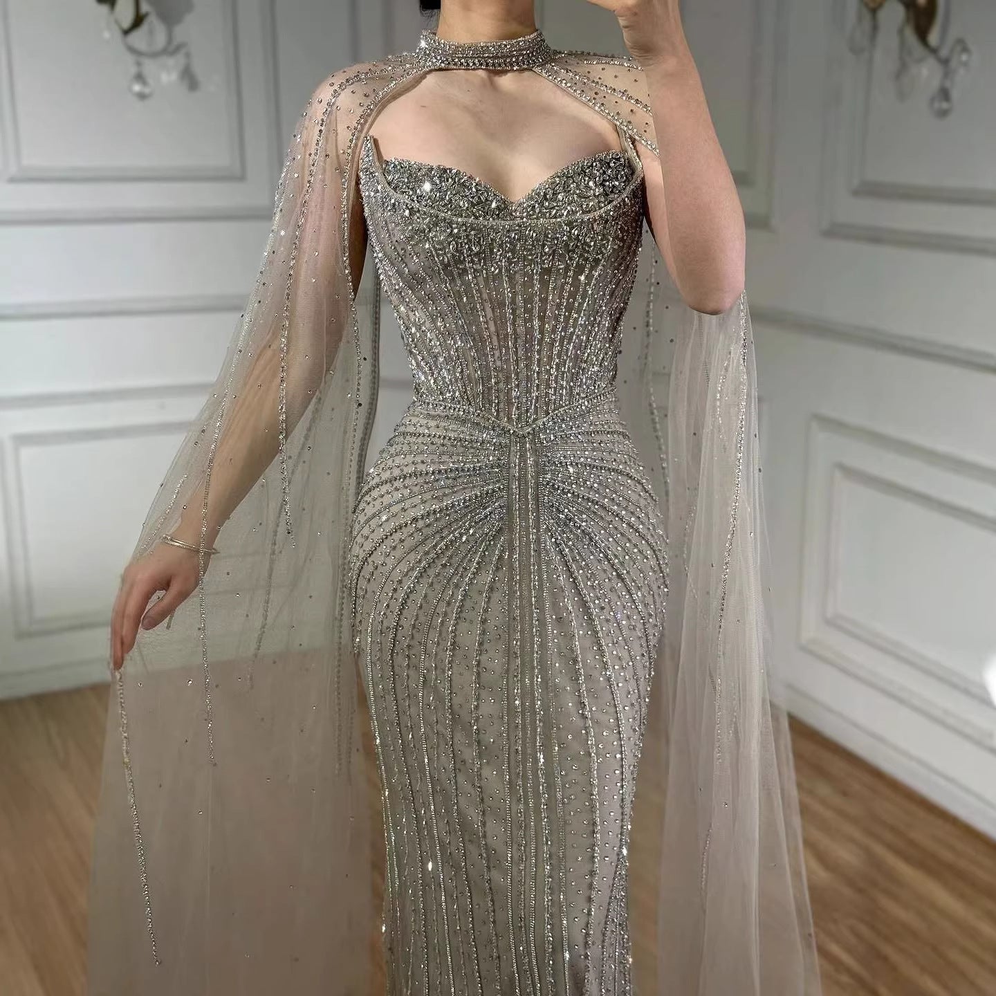 Luxury Dubai Caramel Beaded Evening Dress With Cape CLA72811C