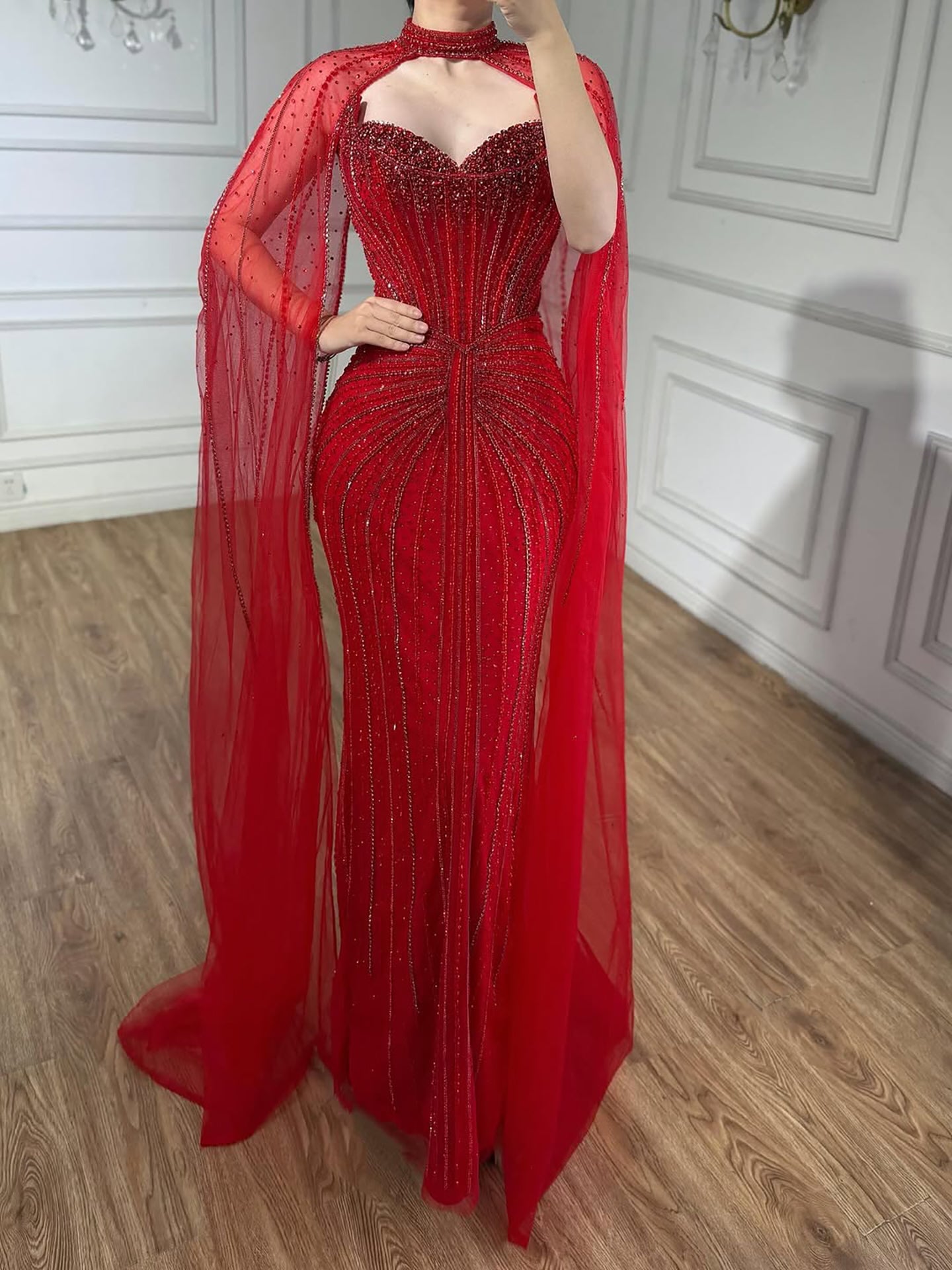 Luxury Dubai Caramel Beaded Evening Dress With Cape CLA72811C