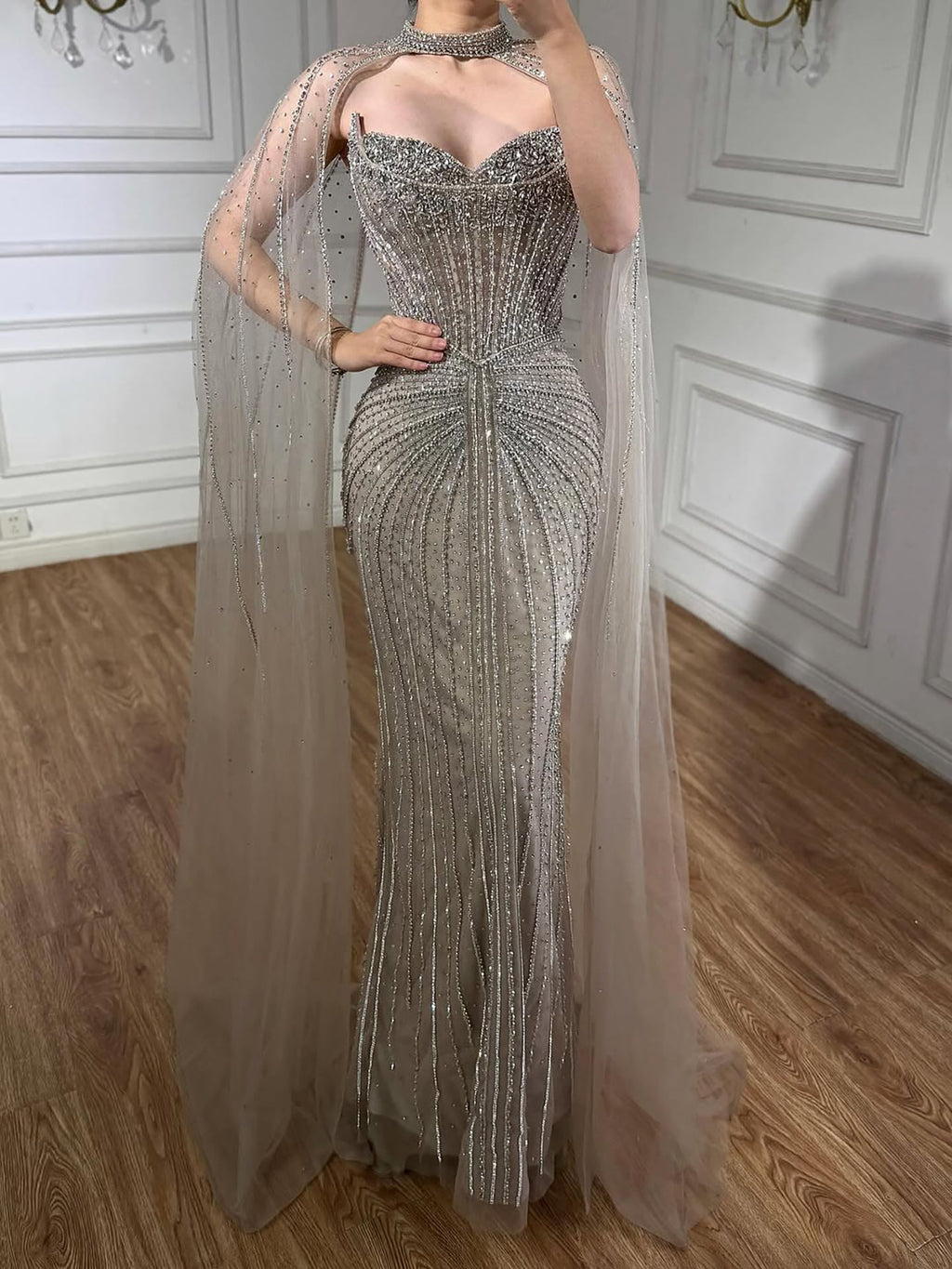 Luxury Dubai Caramel Beaded Evening Dress With Cape CLA72811C