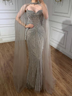 Luxury Dubai Caramel Beaded Evening Dress With Cape CLA72811C