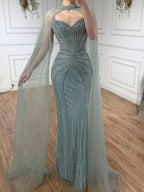 Luxury Dubai Caramel Beaded Evening Dress With Cape CLA72811C