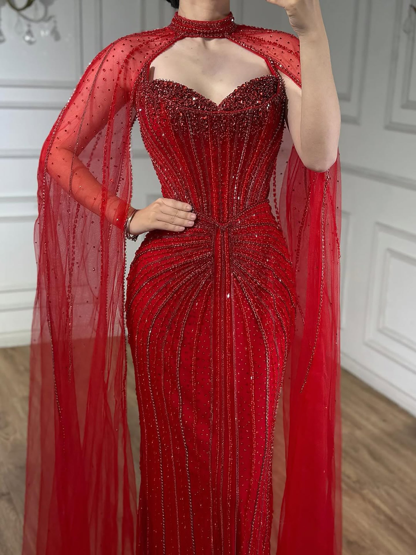 Luxury Dubai Caramel Beaded Evening Dress With Cape CLA72811C