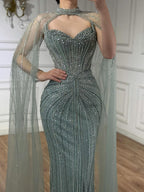 Luxury Dubai Caramel Beaded Evening Dress With Cape CLA72811C