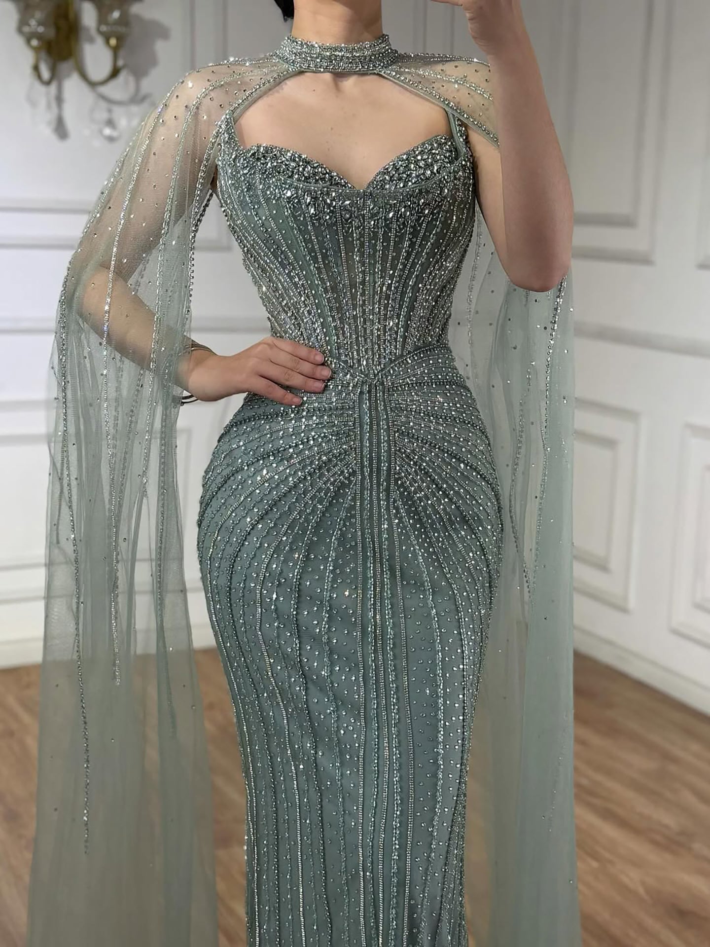 Luxury Dubai Caramel Beaded Evening Dress With Cape CLA72811C