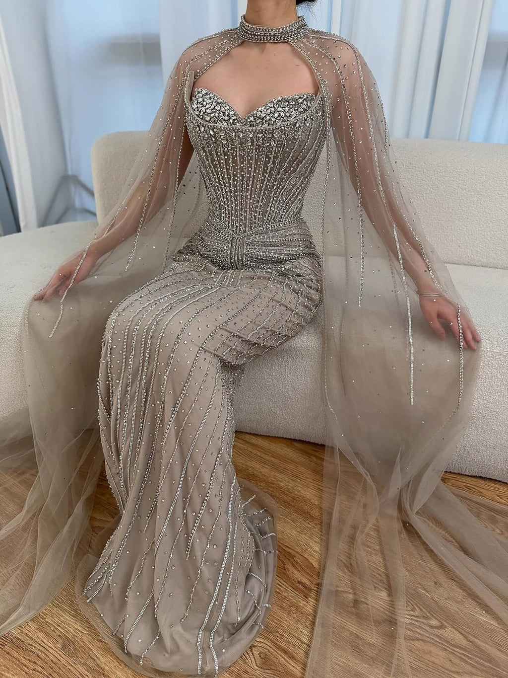 Luxury Dubai Caramel Beaded Evening Dress With Cape CLA72811C