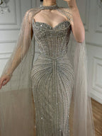 Luxury Dubai Caramel Beaded Evening Dress With Cape CLA72811C