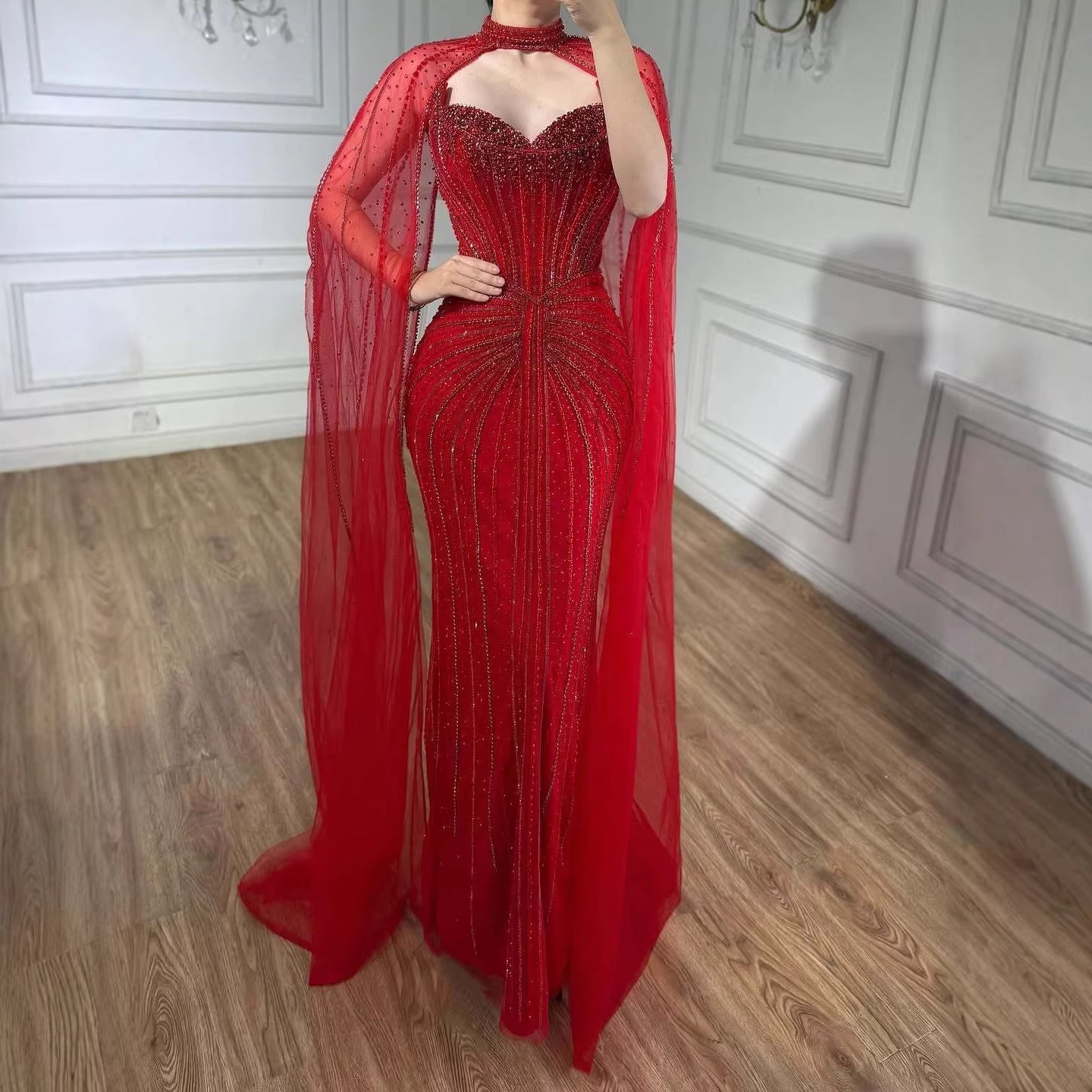 Luxury Dubai Caramel Beaded Evening Dress With Cape CLA72811C