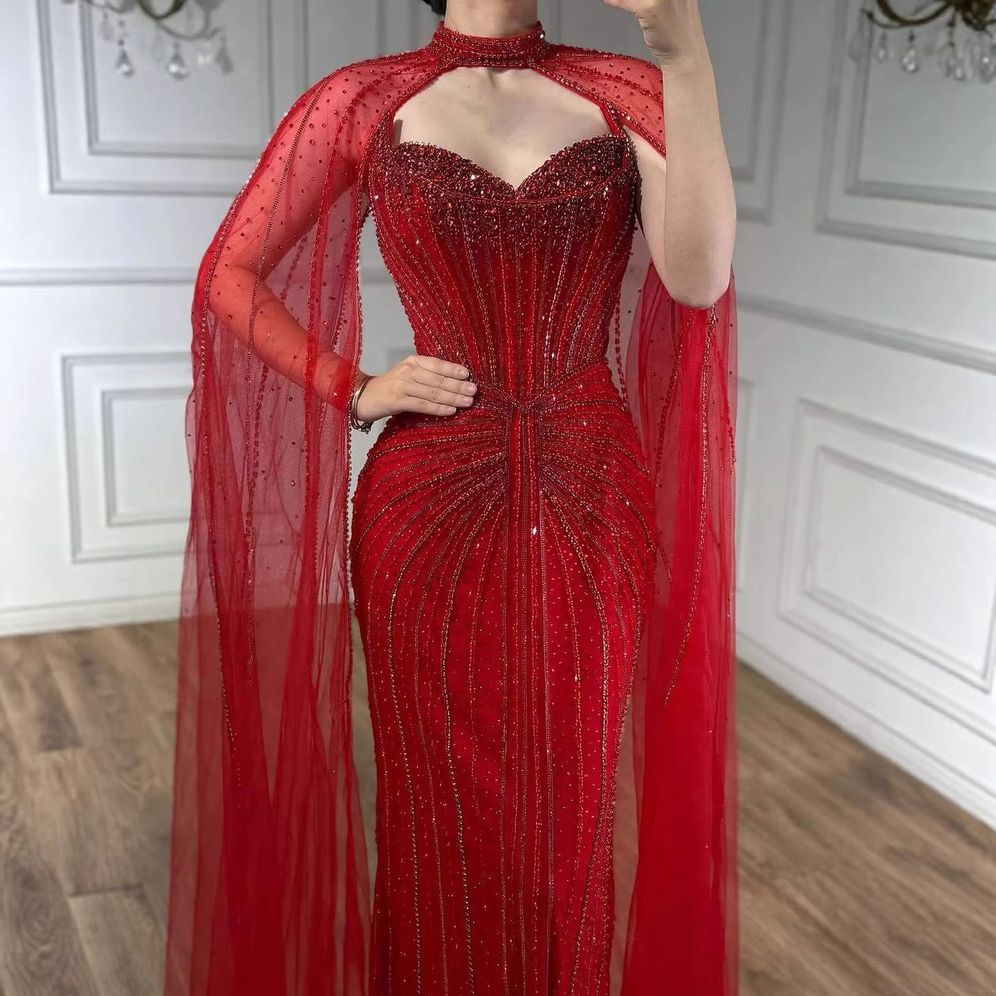 Luxury Dubai Caramel Beaded Evening Dress With Cape CLA72811C