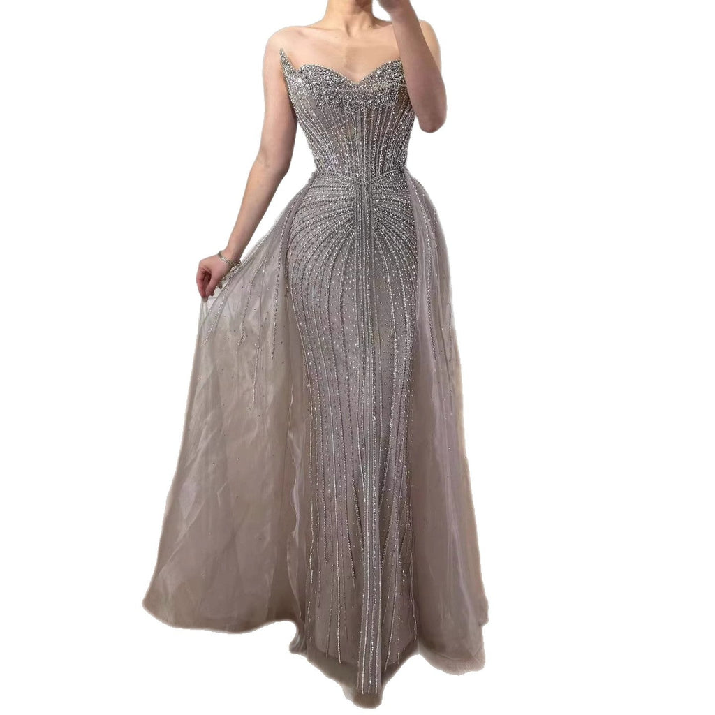 Luxury Caramel Crystal Beaded Mermaid Evening Dress With Overskirt LA72811D