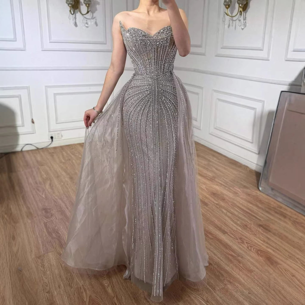 Luxury Caramel Crystal Beaded Mermaid Evening Dress With Overskirt LA72811D
