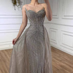 Luxury Caramel Crystal Beaded Mermaid Evening Dress With Overskirt LA72811D
