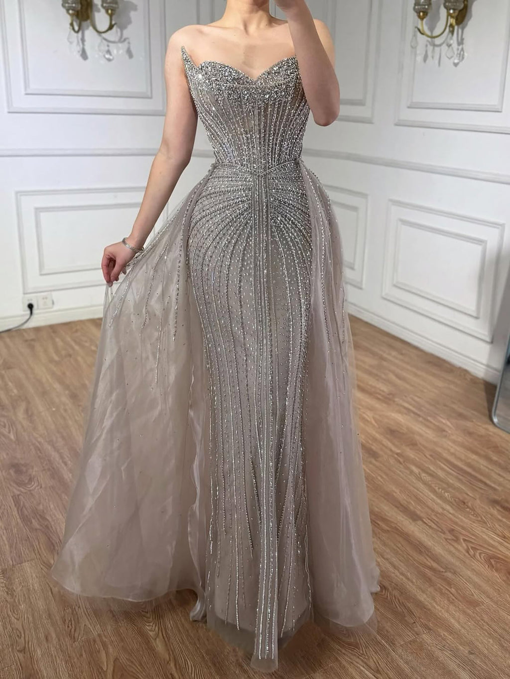 Luxury Caramel Crystal Beaded Mermaid Evening Dress With Overskirt LA72811D