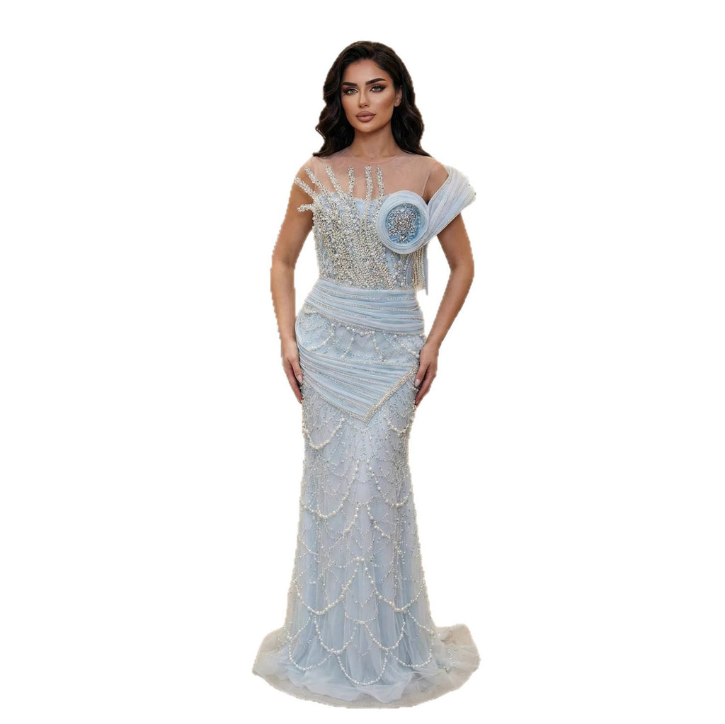 Luxury Blue Pearl Beaded Sleeveless Mermaid Evening Dress LA72816B