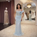 Luxury Blue Pearl Beaded Sleeveless Mermaid Evening Dress LA72816B