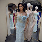 Luxury Blue Pearl Beaded Sleeveless Mermaid Evening Dress LA72816B