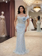 Luxury Blue Pearl Beaded Sleeveless Mermaid Evening Dress LA72816B