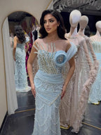 Luxury Blue Pearl Beaded Sleeveless Mermaid Evening Dress LA72816B