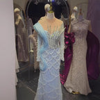 Luxury Blue Pearl Beaded Long Sleeve Mermaid Evening Dress LA72816C