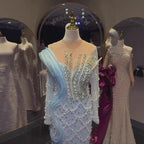 Luxury Blue Pearl Beaded Long Sleeve Mermaid Evening Dress LA72816C