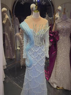 Luxury Blue Pearl Beaded Long Sleeve Mermaid Evening Dress LA72816C