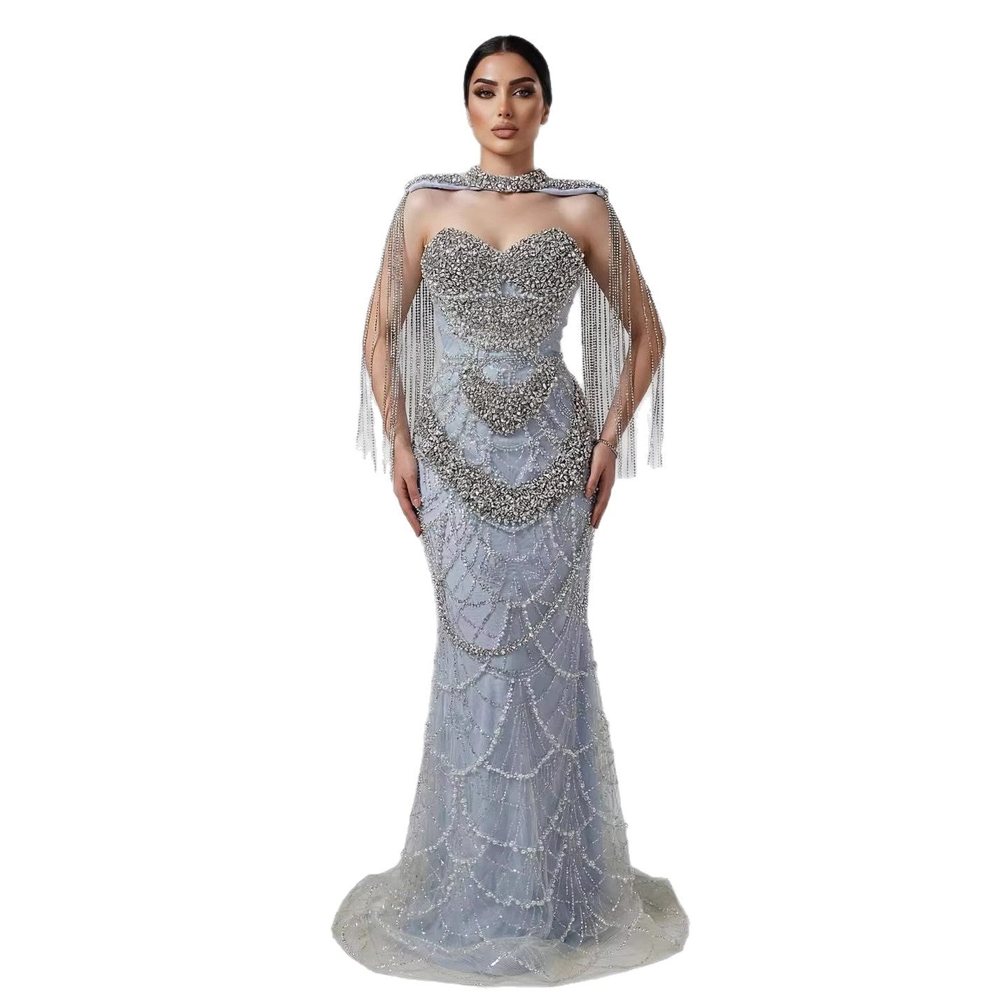 Kosovo Luxury Beaded Pearls Tassels Nude Evening Dress With Short Cape CLA72876