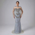 Kosovo Luxury Beaded Pearls Tassels Nude Evening Dress With Short Cape CLA72876