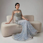 Kosovo Luxury Beaded Pearls Tassels Nude Evening Dress With Short Cape CLA72876