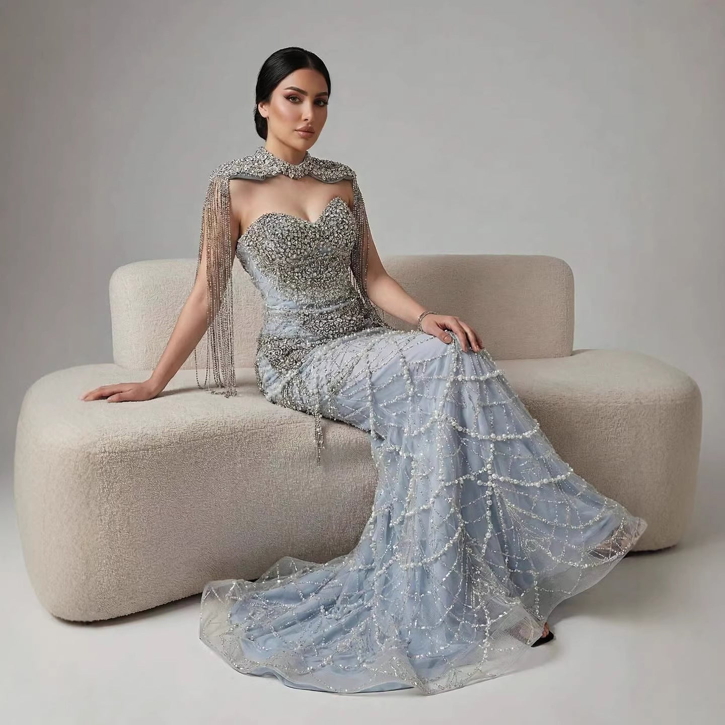Kosovo Luxury Beaded Pearls Tassels Nude Evening Dress With Short Cape CLA72876