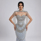 Kosovo Luxury Beaded Pearls Tassels Nude Evening Dress With Short Cape CLA72876