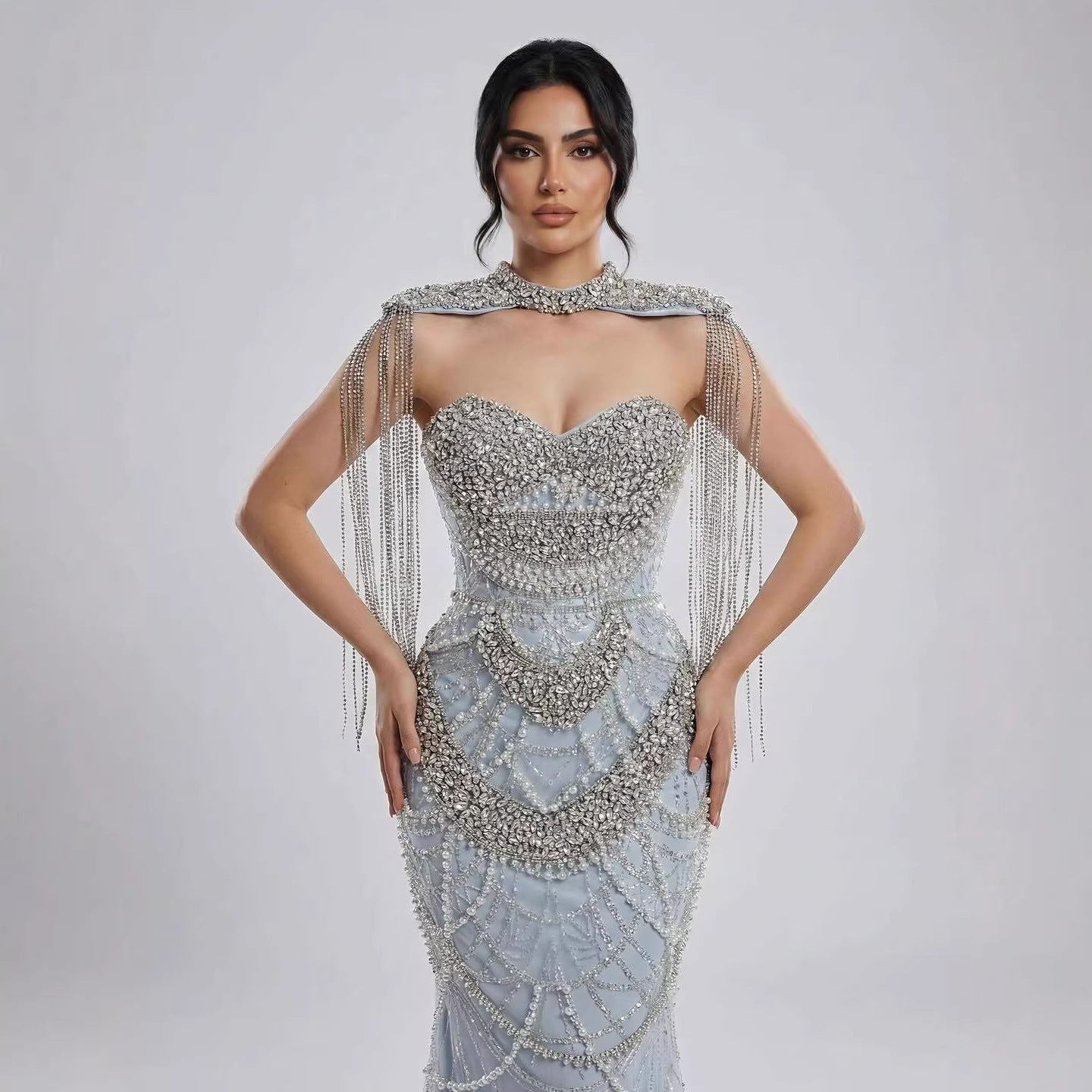 Kosovo Luxury Beaded Pearls Tassels Nude Evening Dress With Short Cape CLA72876