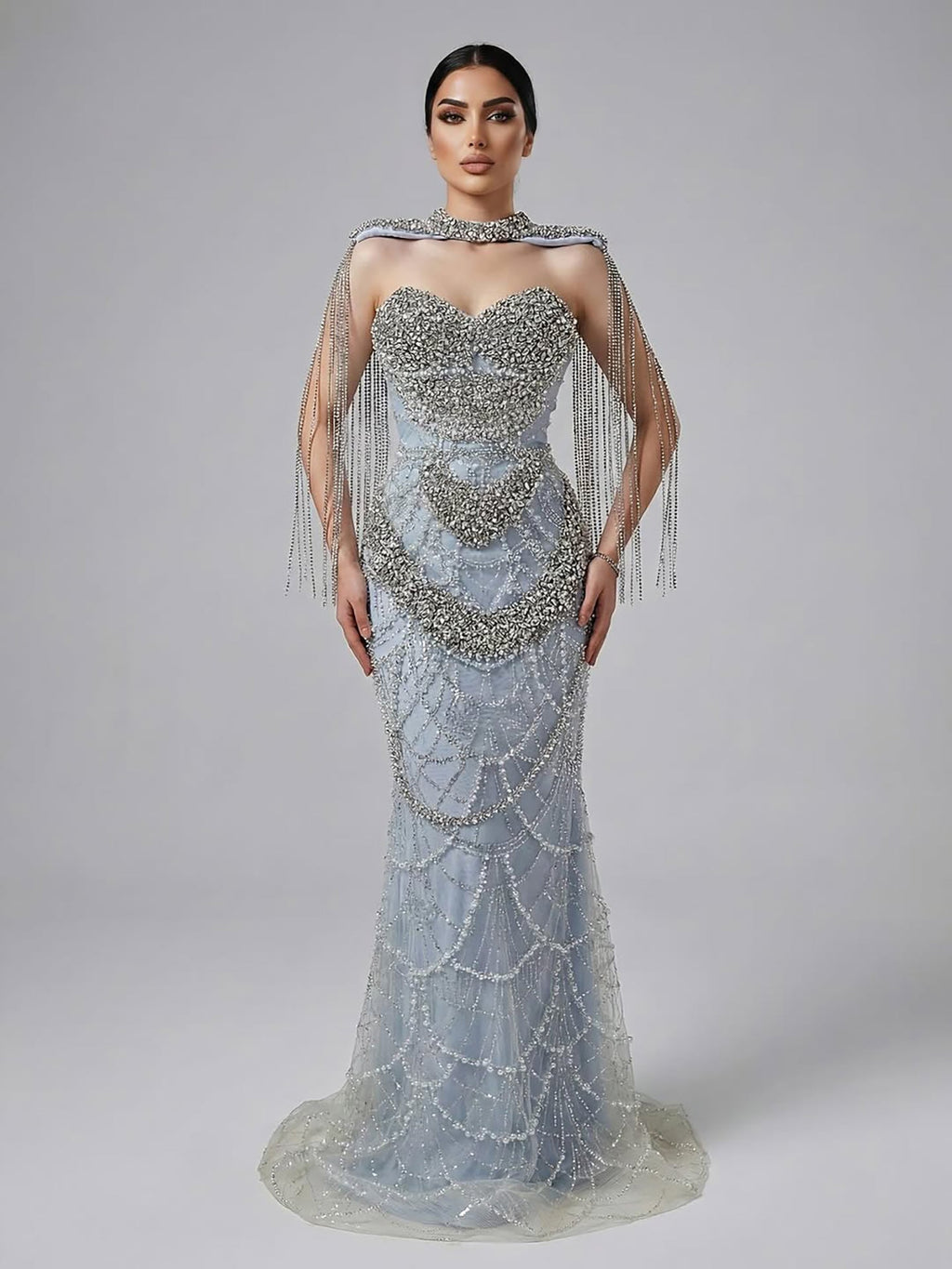 Kosovo Luxury Beaded Pearls Tassels Nude Evening Dress With Short Cape CLA72876