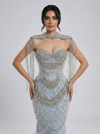 Kosovo Luxury Beaded Pearls Tassels Nude Evening Dress With Short Cape CLA72876