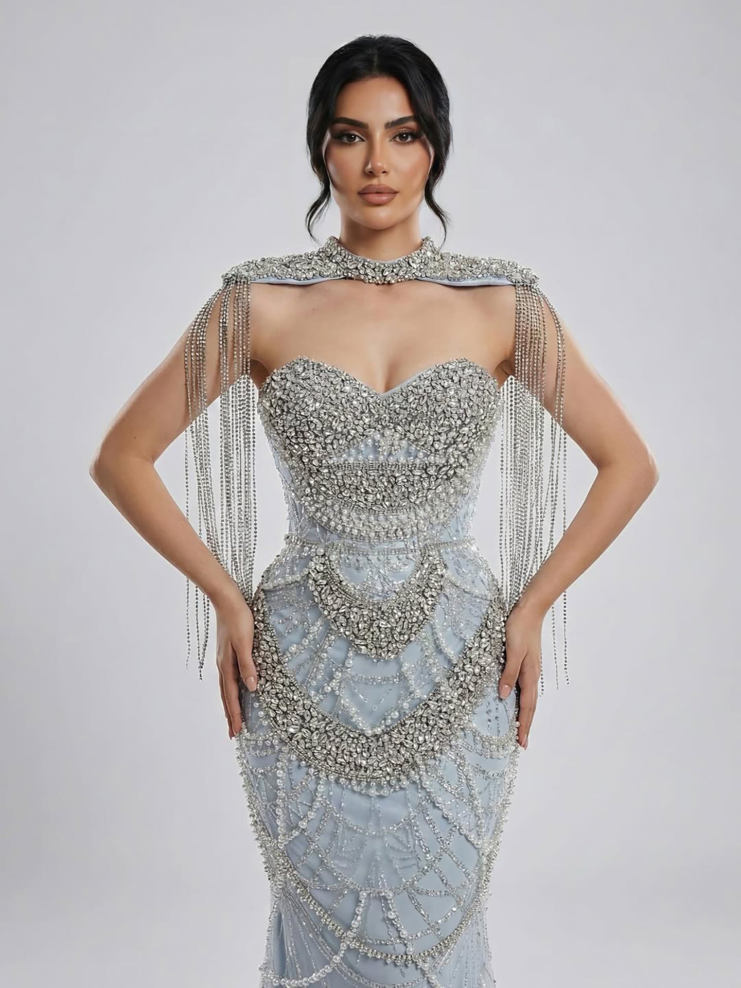 Kosovo Luxury Beaded Pearls Tassels Nude Evening Dress With Short Cape CLA72876