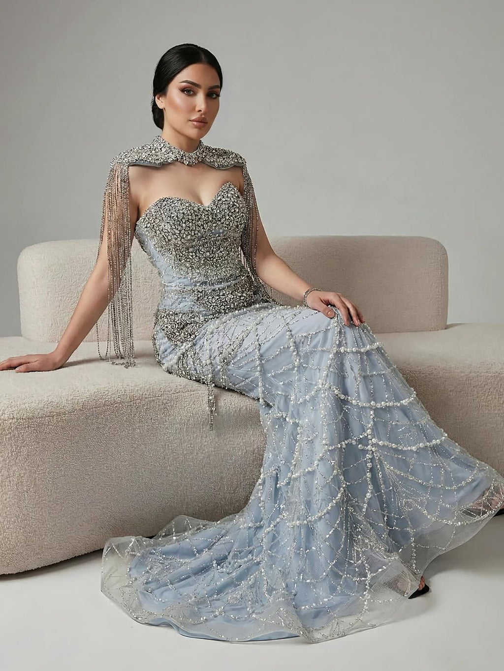 Kosovo Luxury Beaded Pearls Tassels Nude Evening Dress With Short Cape CLA72876
