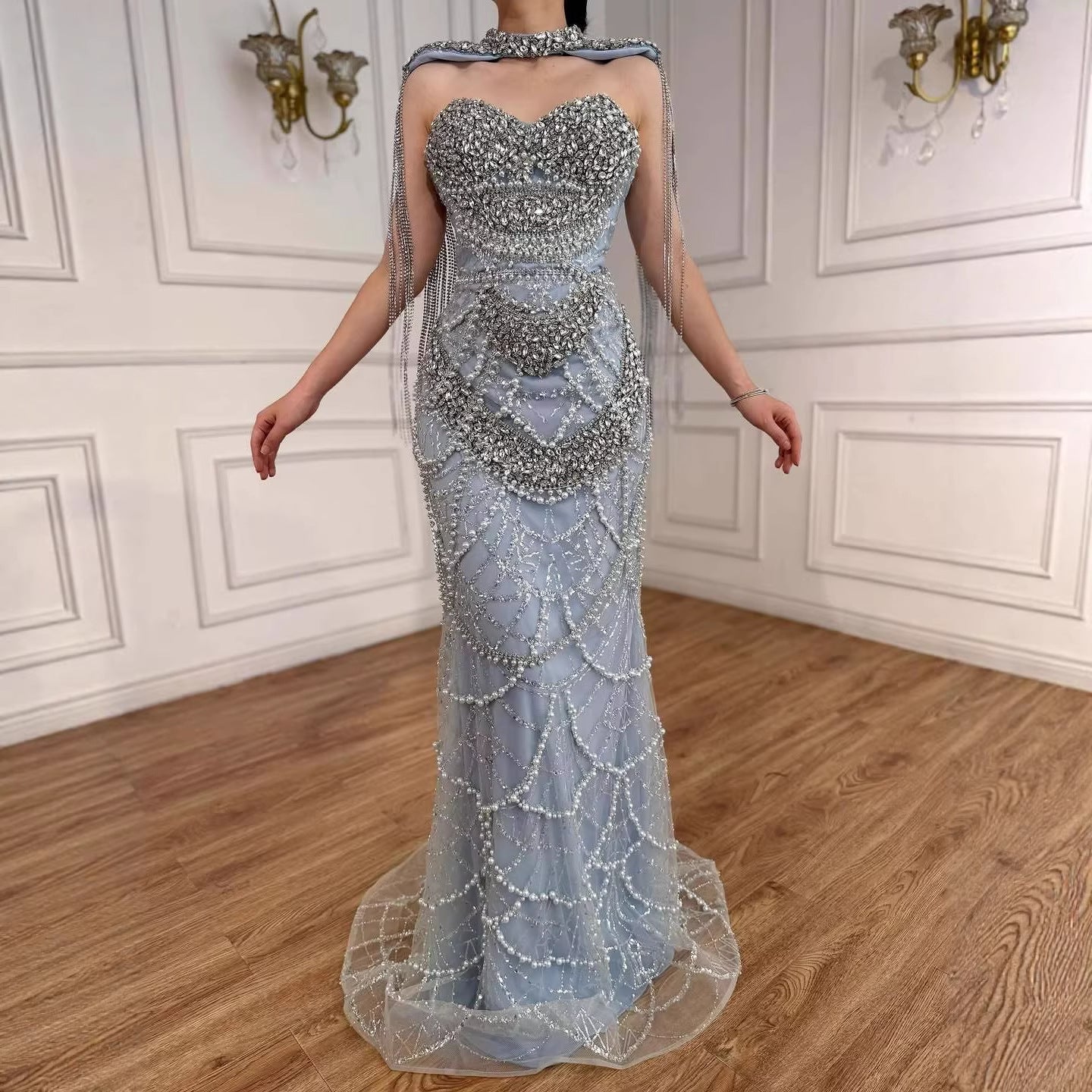 Kosovo Luxury Beaded Pearls Tassels Nude Evening Dress With Short Cape CLA72876