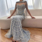 Kosovo Luxury Beaded Pearls Tassels Nude Evening Dress With Short Cape CLA72876