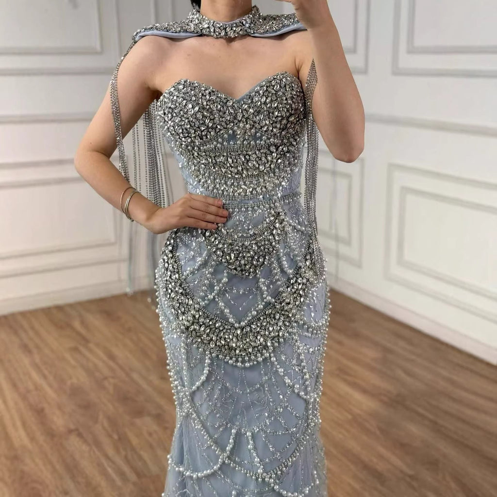 Kosovo Luxury Beaded Pearls Tassels Nude Evening Dress With Short Cape CLA72876