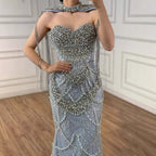 Kosovo Luxury Beaded Pearls Tassels Nude Evening Dress With Short Cape CLA72876