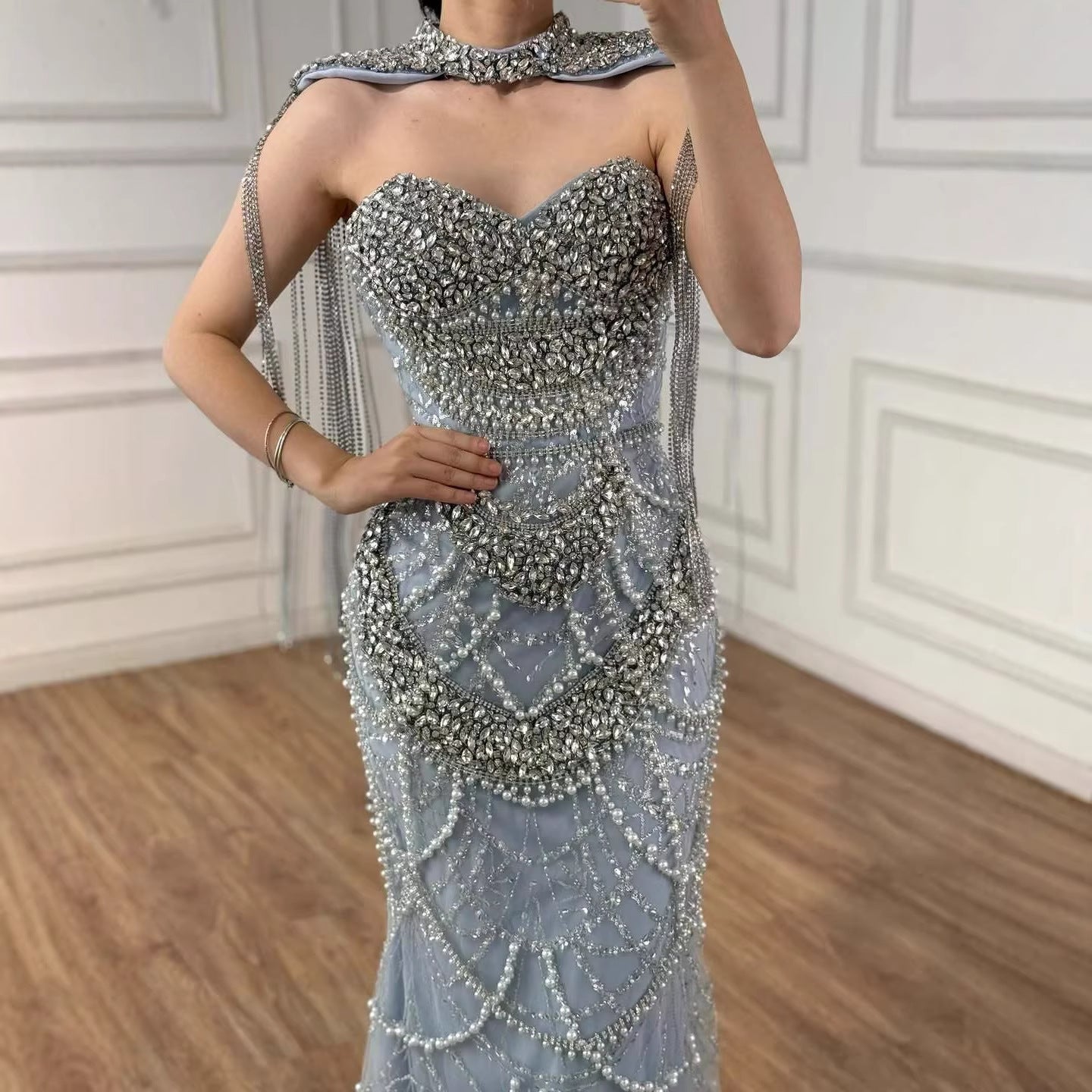 Kosovo Luxury Beaded Pearls Tassels Nude Evening Dress With Short Cape CLA72876