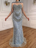 Kosovo Luxury Beaded Pearls Tassels Nude Evening Dress With Short Cape CLA72876