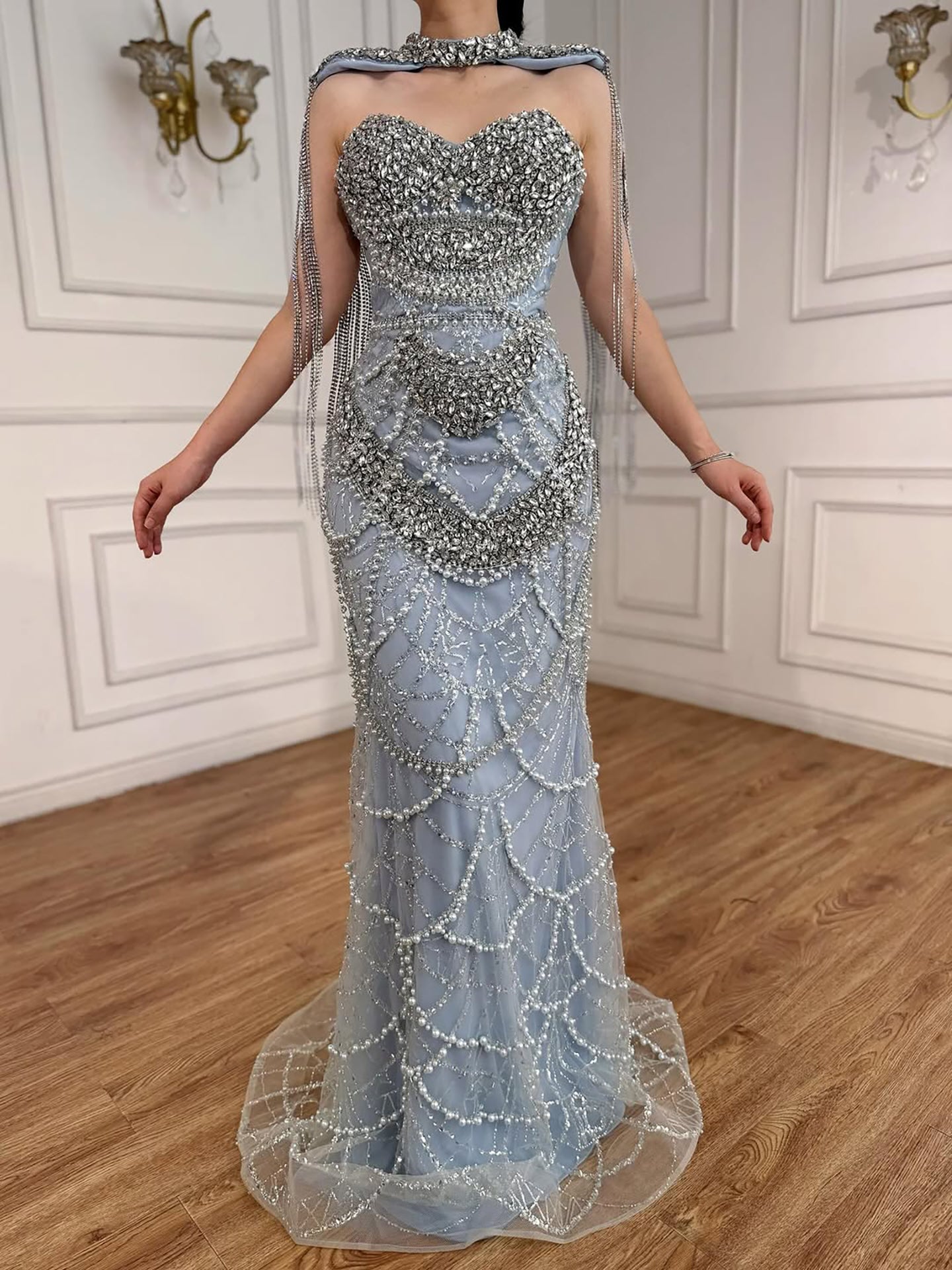 Kosovo Luxury Beaded Pearls Tassels Nude Evening Dress With Short Cape CLA72876